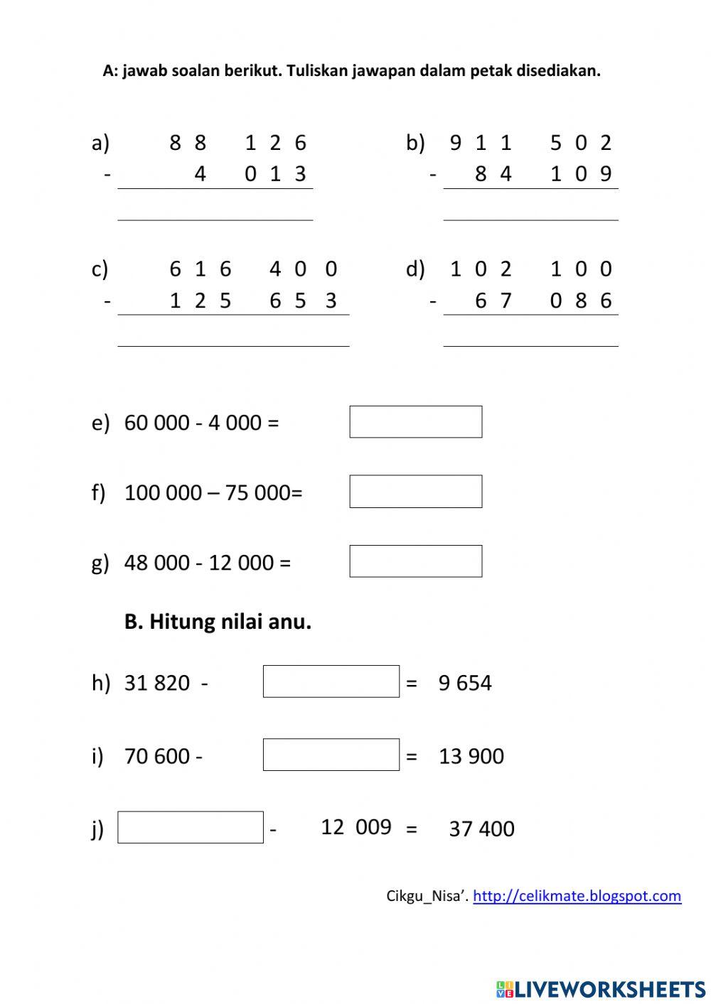 Menolak nombor bulat dalam lingkungan 1 000 000