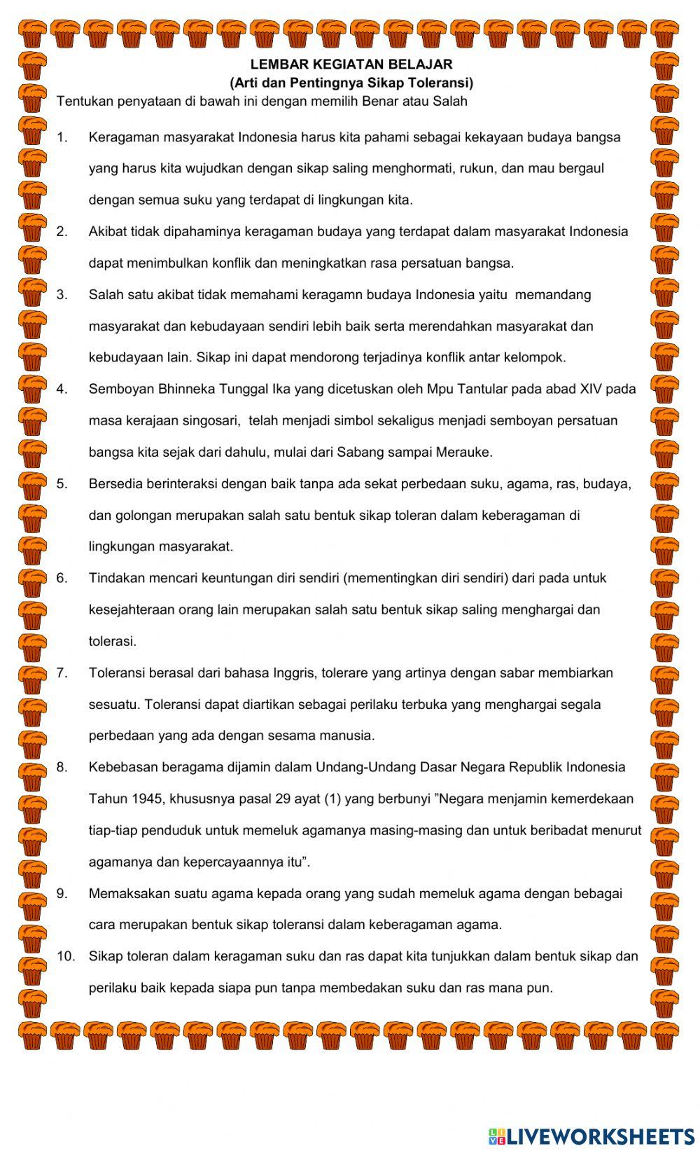 Lembar Kegiatan belajar toleransi