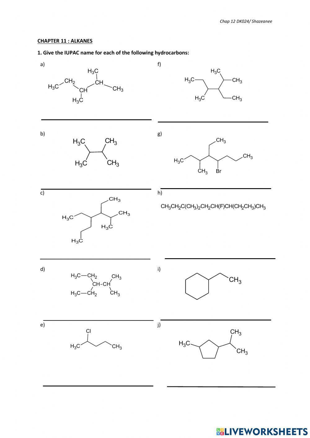 Naming Hydrocarbons Worksheet