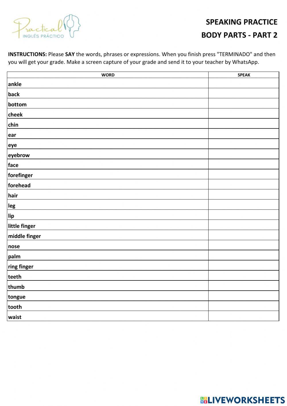 Speaking practice body parts 2 worksheet Live Worksheets