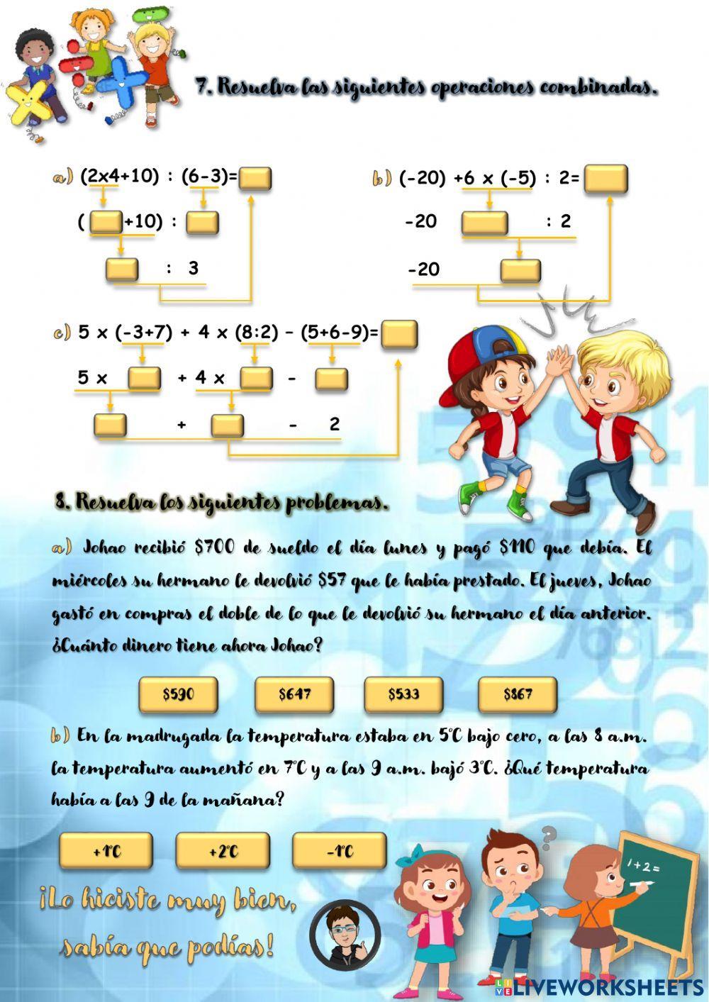 Suma, resta, multiplicación y división de Números Enteros