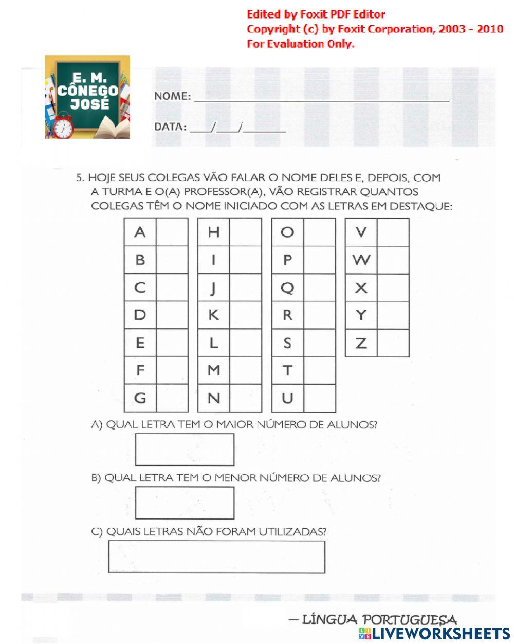 Nome dos colegas da turma