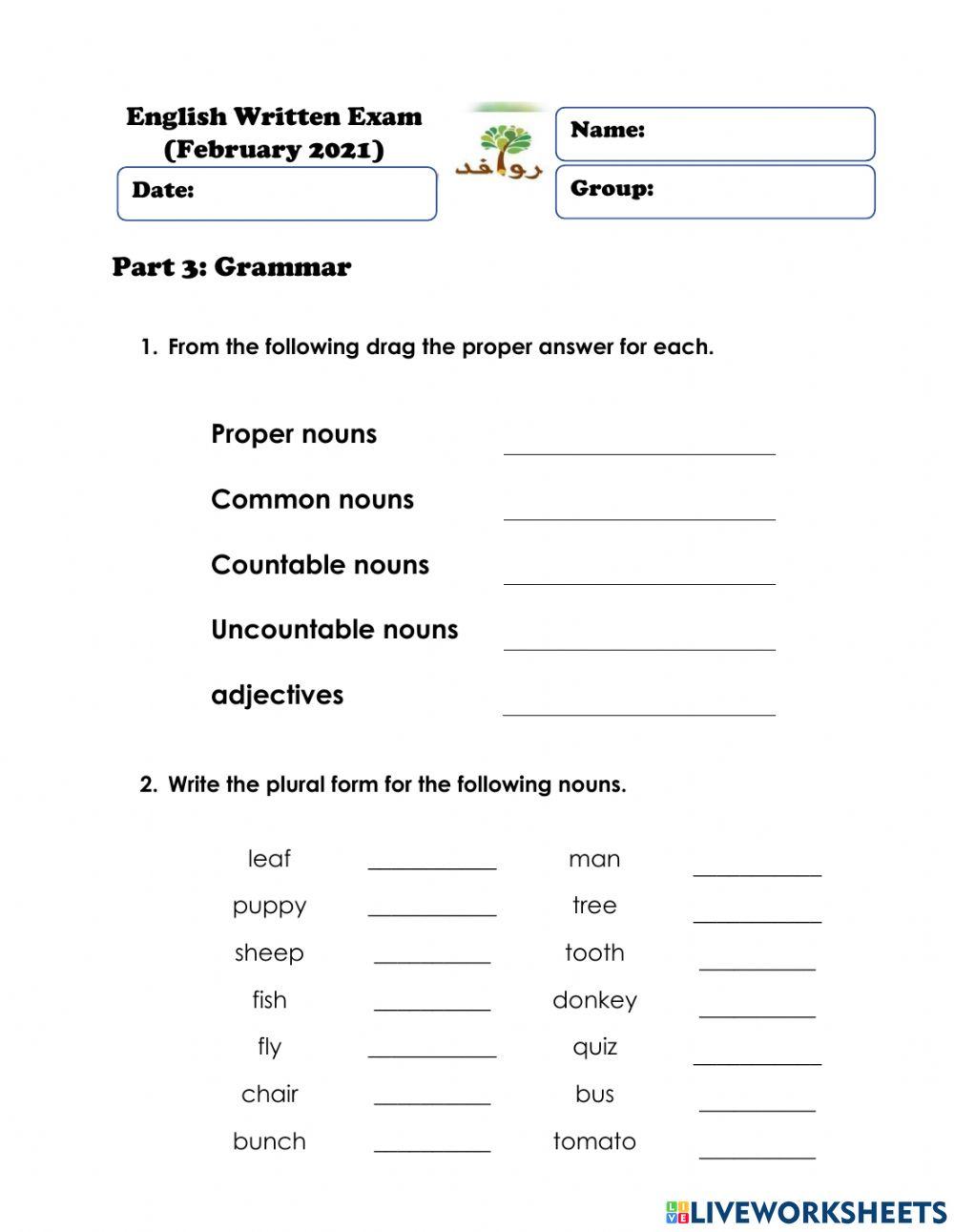 English Exam (GROUP2) - Grammar