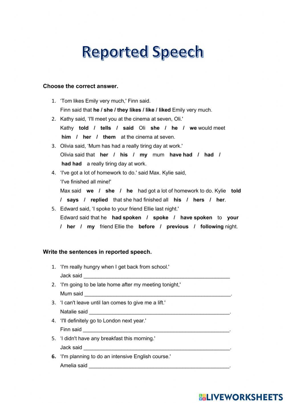 reported speech exercises for class 7 online