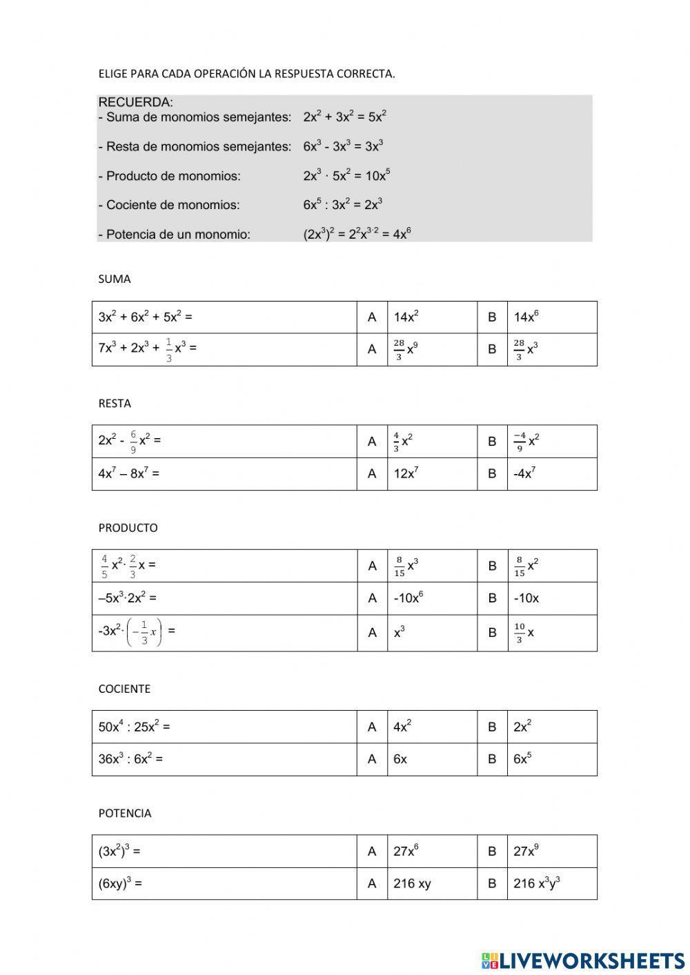 Operaciones con monomios