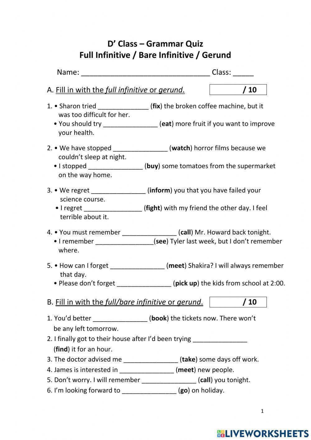 D Grammar Quiz Full-bare Infinitive -Gerund