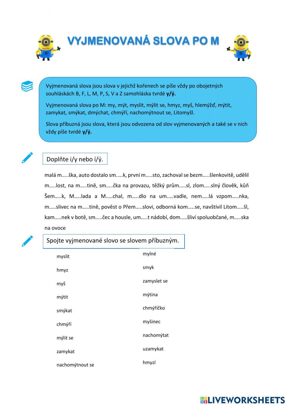Pracovní list - vyjmenovaná slova po M