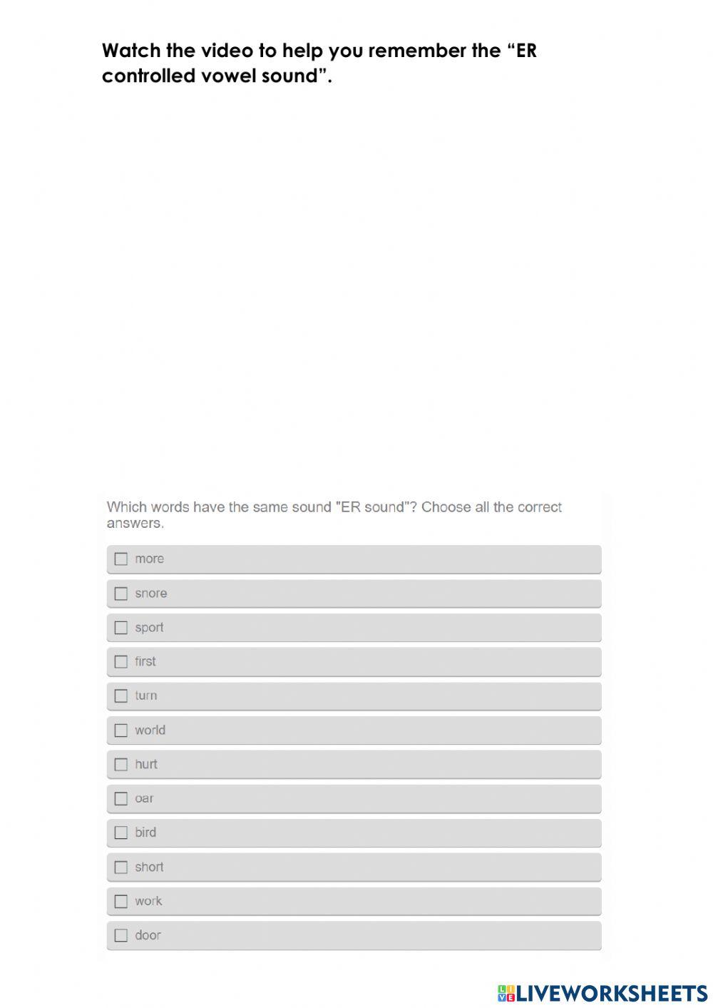Controlled vowel sounds: ER-OR