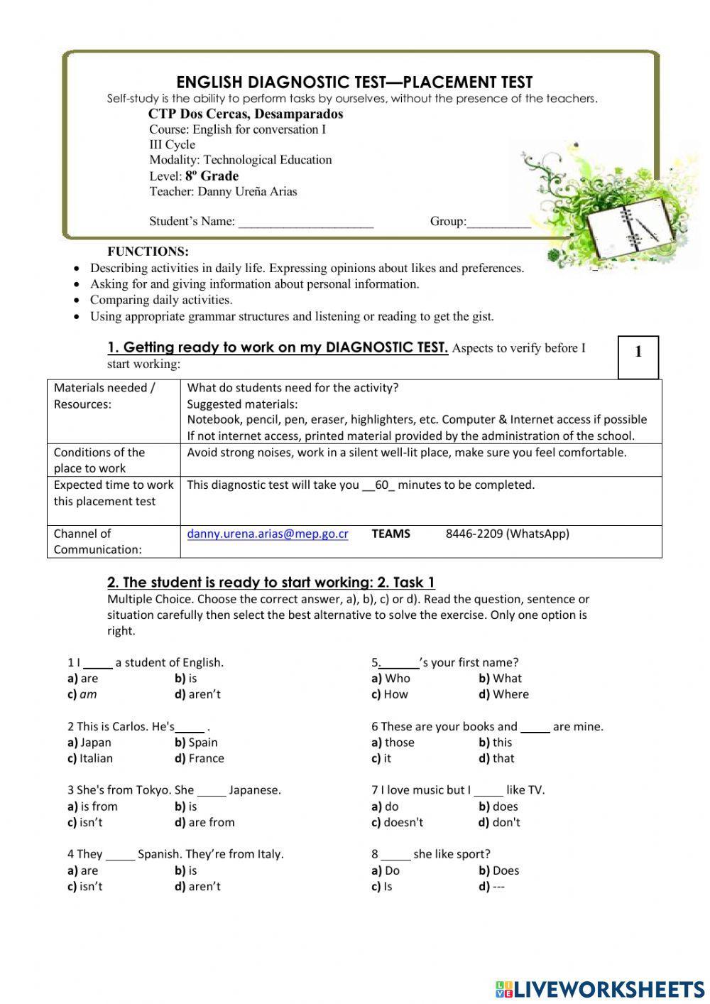 Teacher Danny - Diagnostic Test Eight