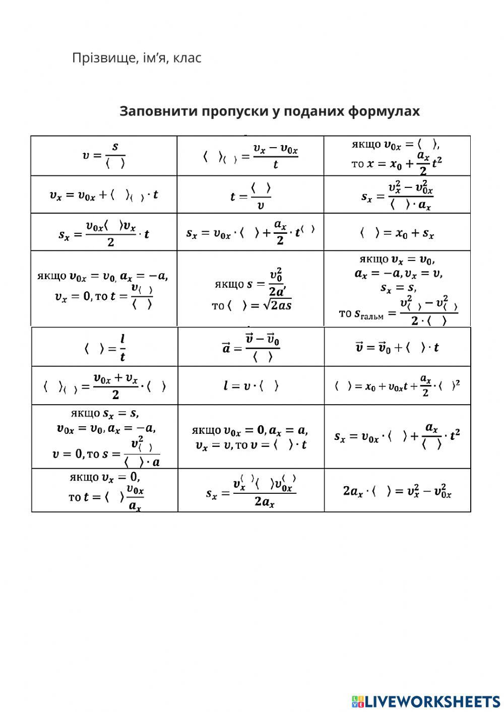 Формули Кінематика прямолінійного руху