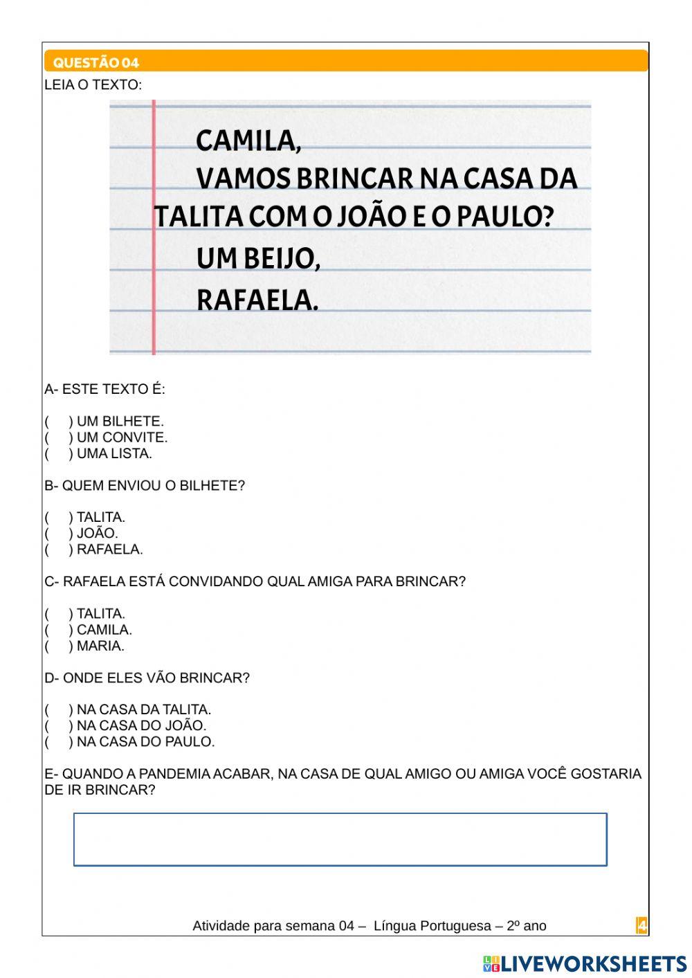 Atividade língua portuguesa