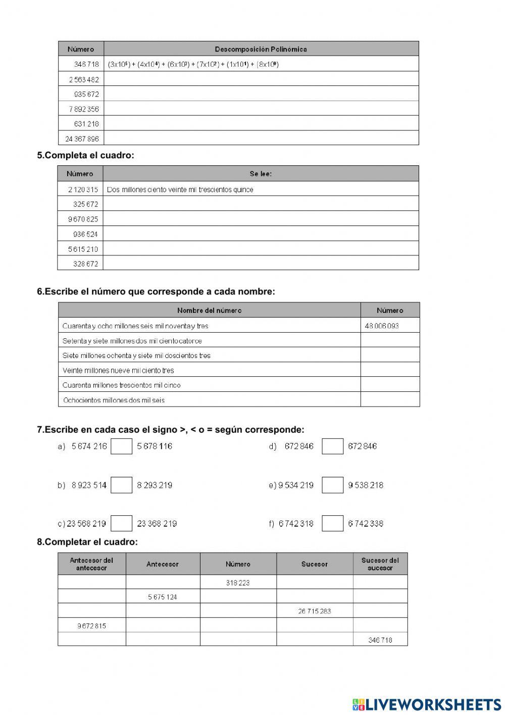 Ejercicios de  números naturales