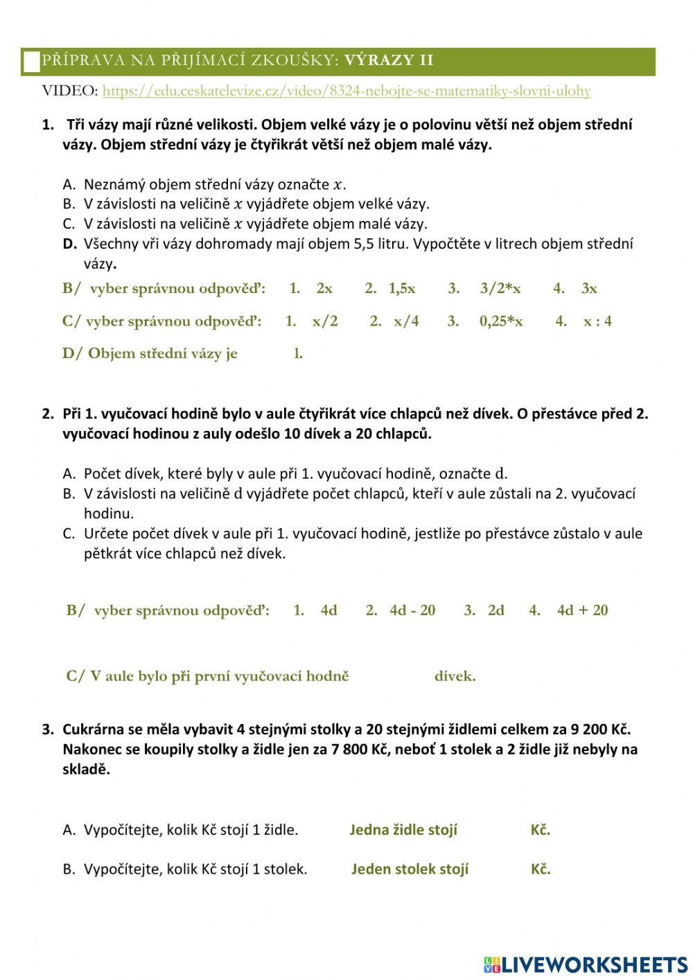 Příprava na přijímací zkoušky - výrazy, slovní úlohy II