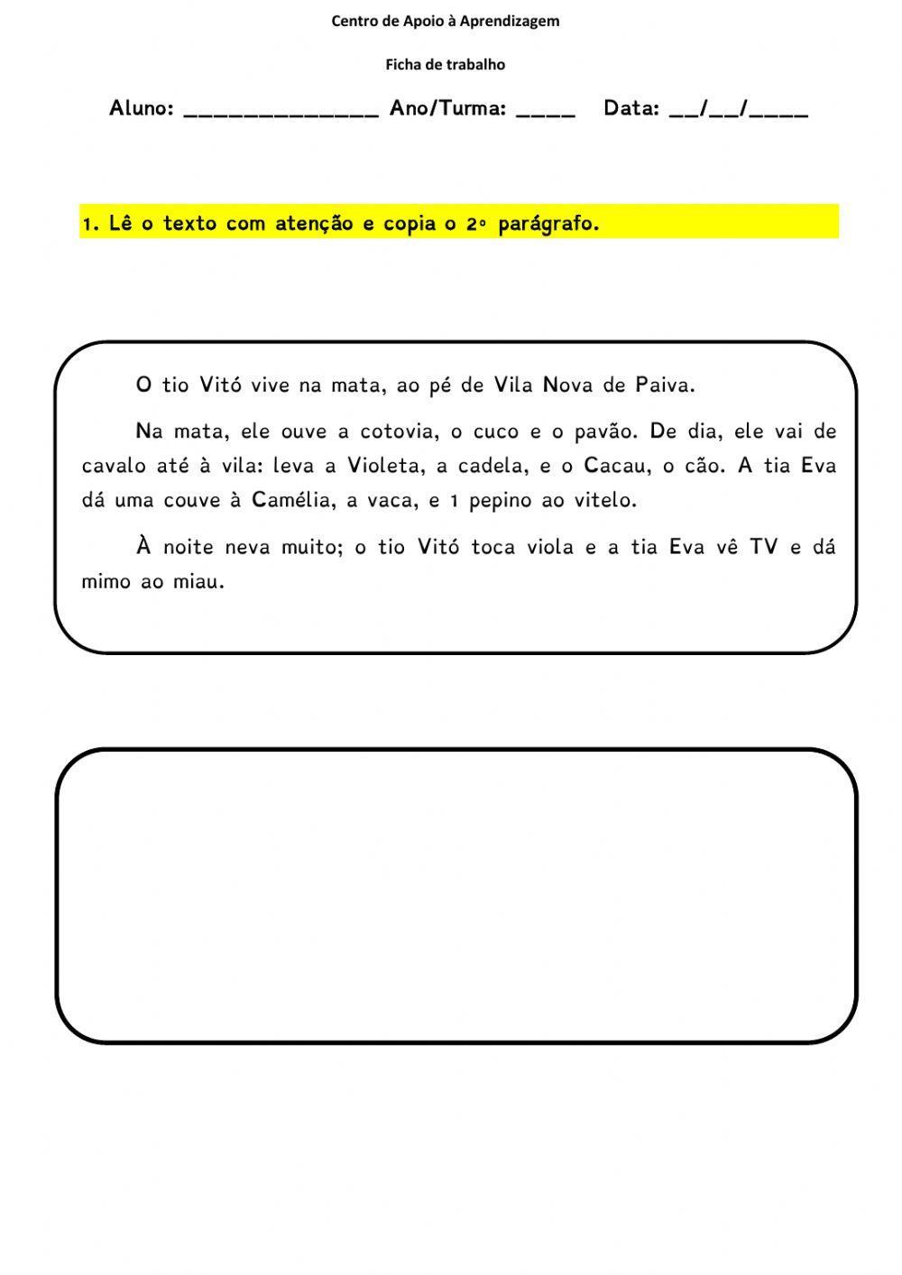 Ficha de trabalho Português 1º ano (sistematização)