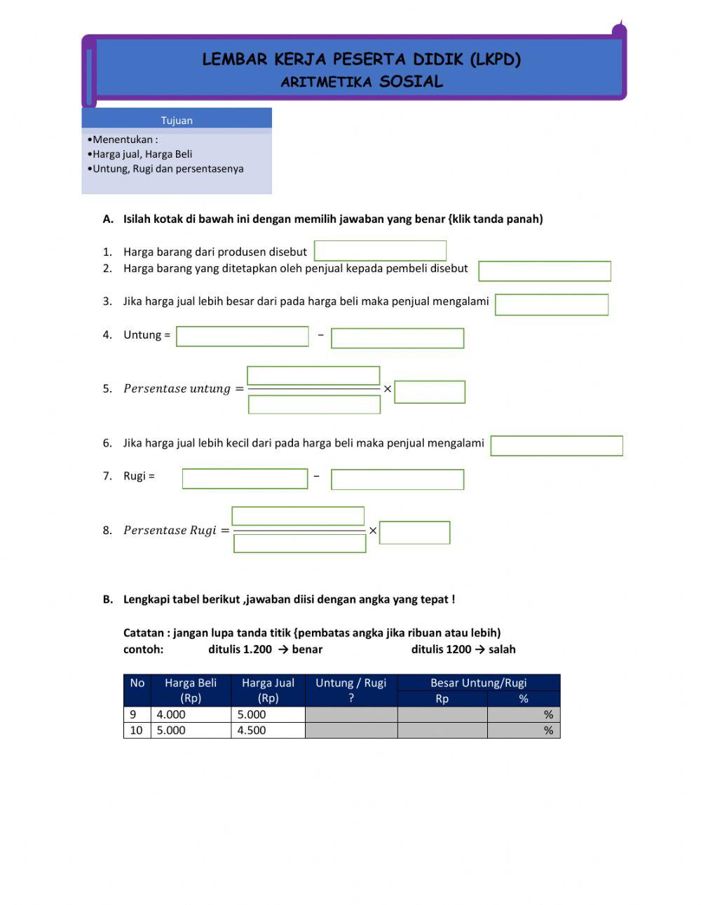 untung rugi dan… | Free Interactive Worksheets | 6396659