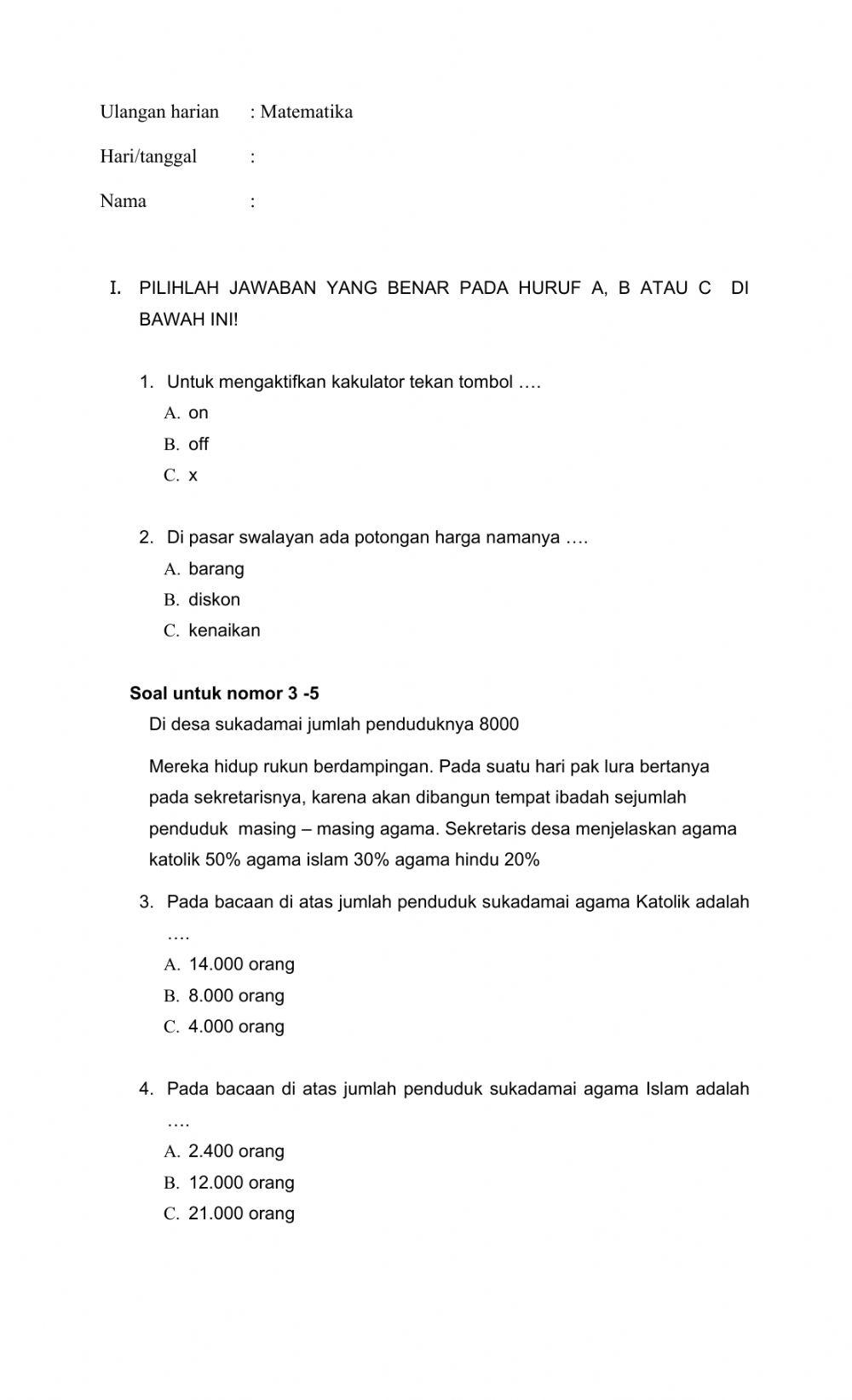 Ulangan harian tema 5 Matematika