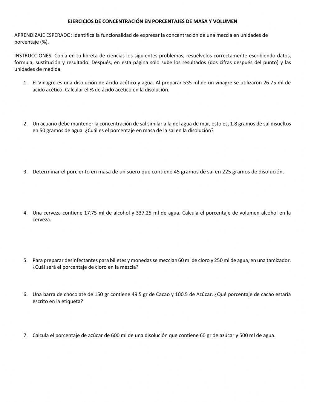 Porciento en masa y volumen