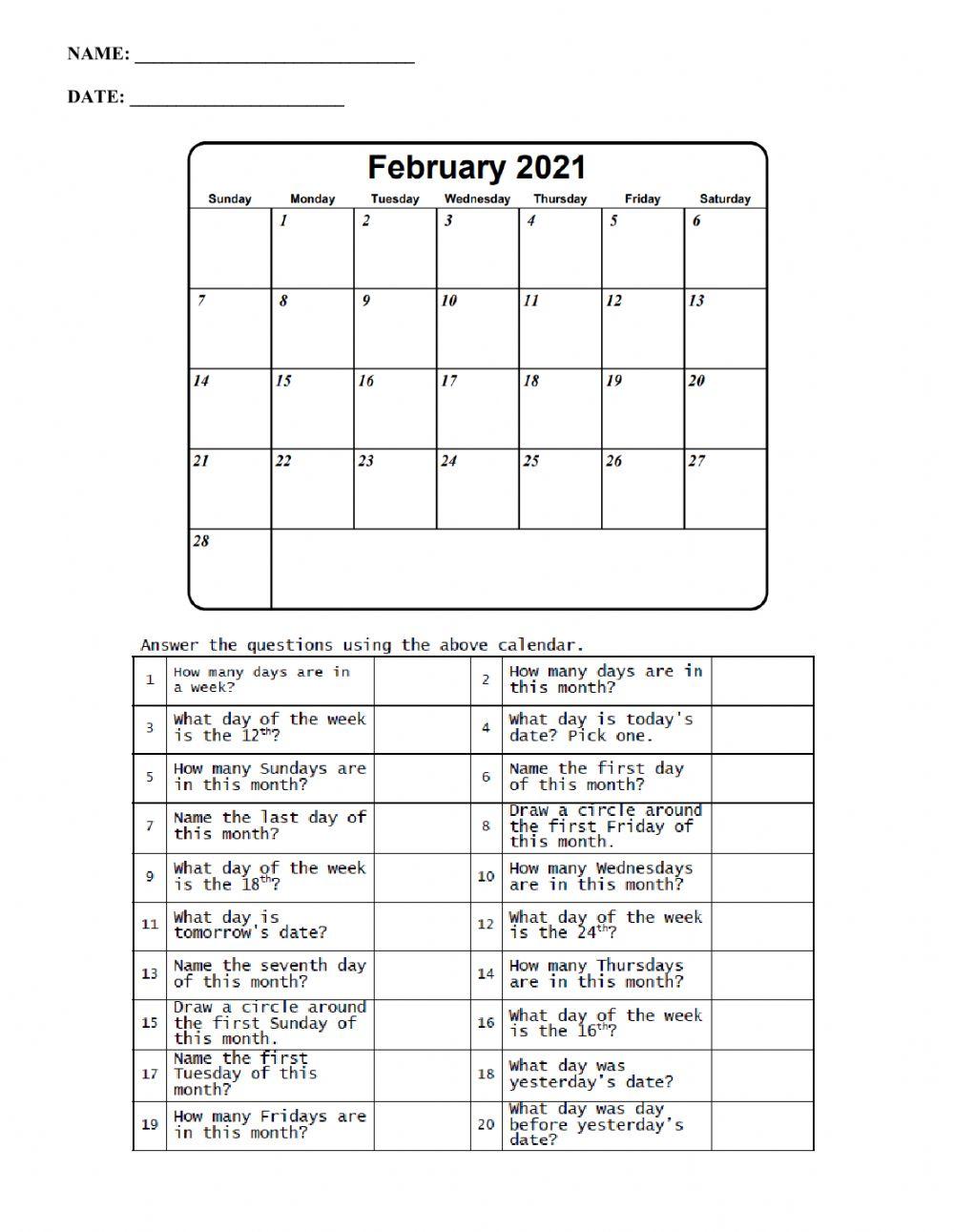 Calendar math feb 2021