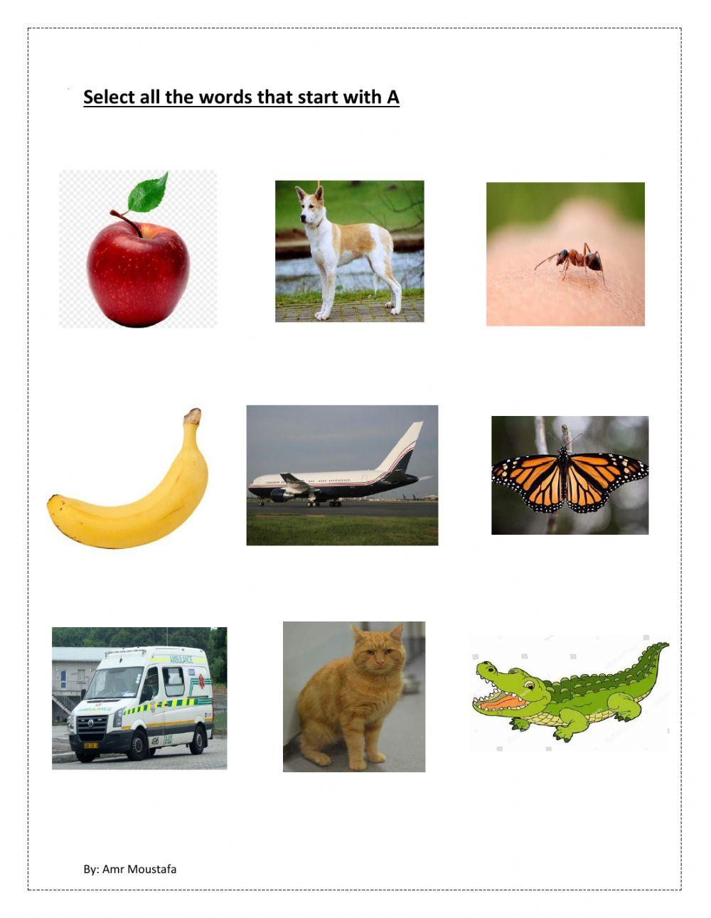 Select words that start with A worksheet | Live Worksheets