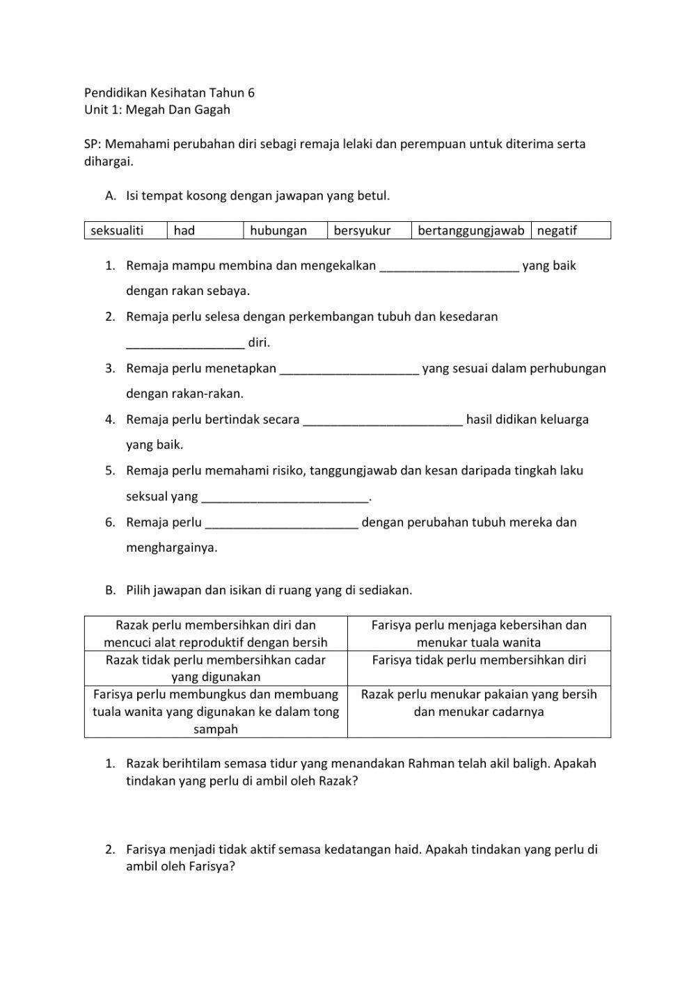 Pendidikan Kesihatan Tahun 6 Unit 1