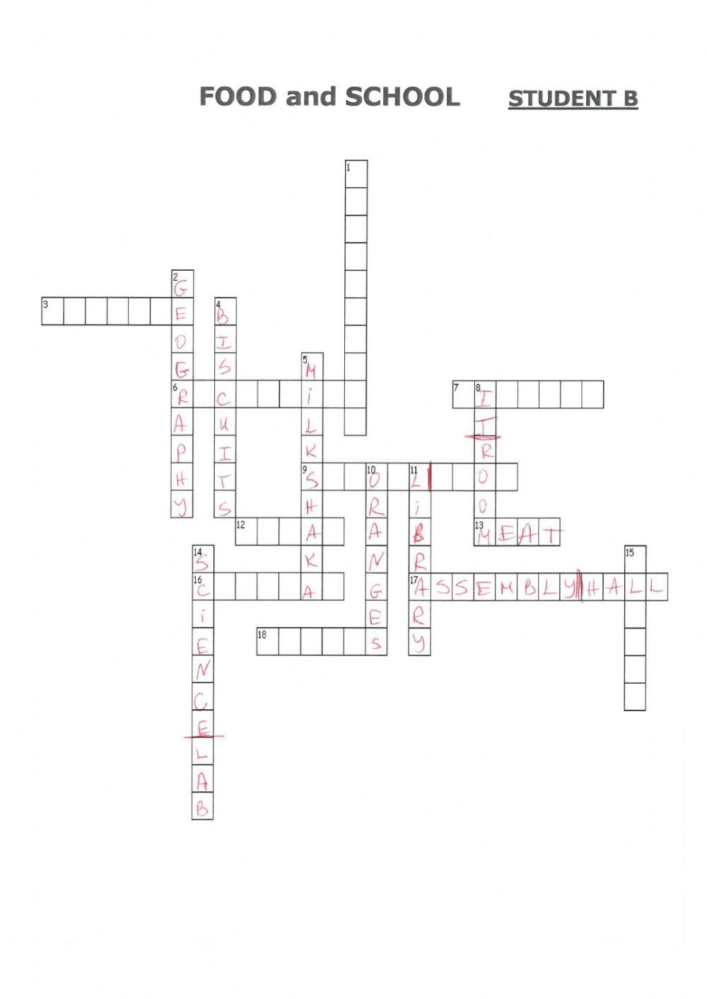 SP 1 Food and School Crossword - STUDENT B