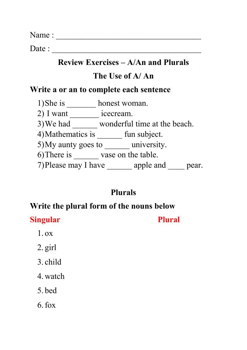 A- An and Plural Nouns