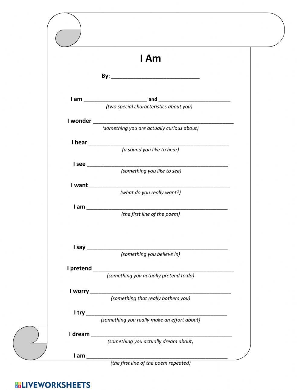 I am Poem online exercise for Live Worksheets