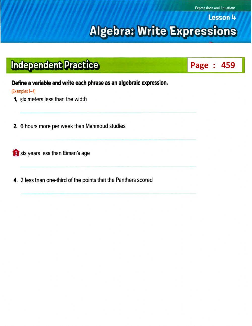 Write expressions worksheet Live Worksheets