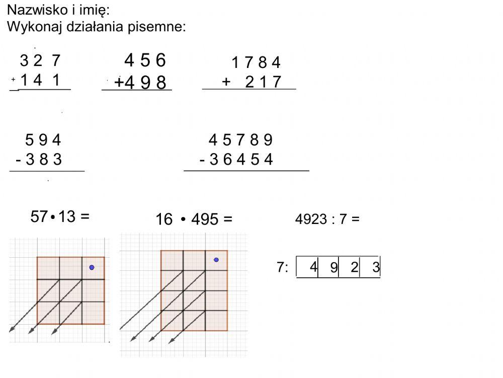 Działania Pisemne Klasa 4 Sprawdzian 2018 - Działania pisemne kl 4 worksheet | Live Worksheets