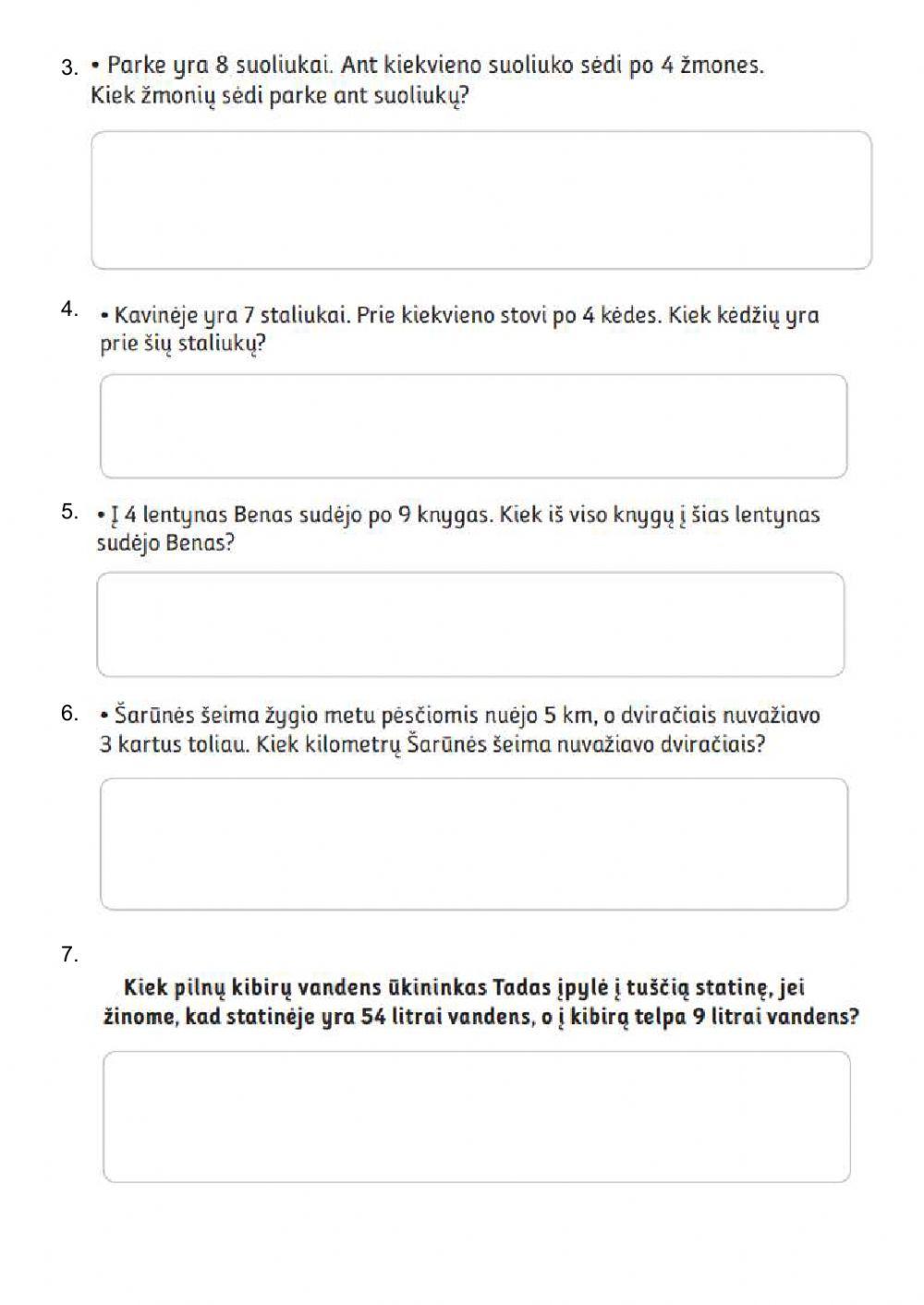 Žodiniai uždaviniai. Dalyba. Daugyba