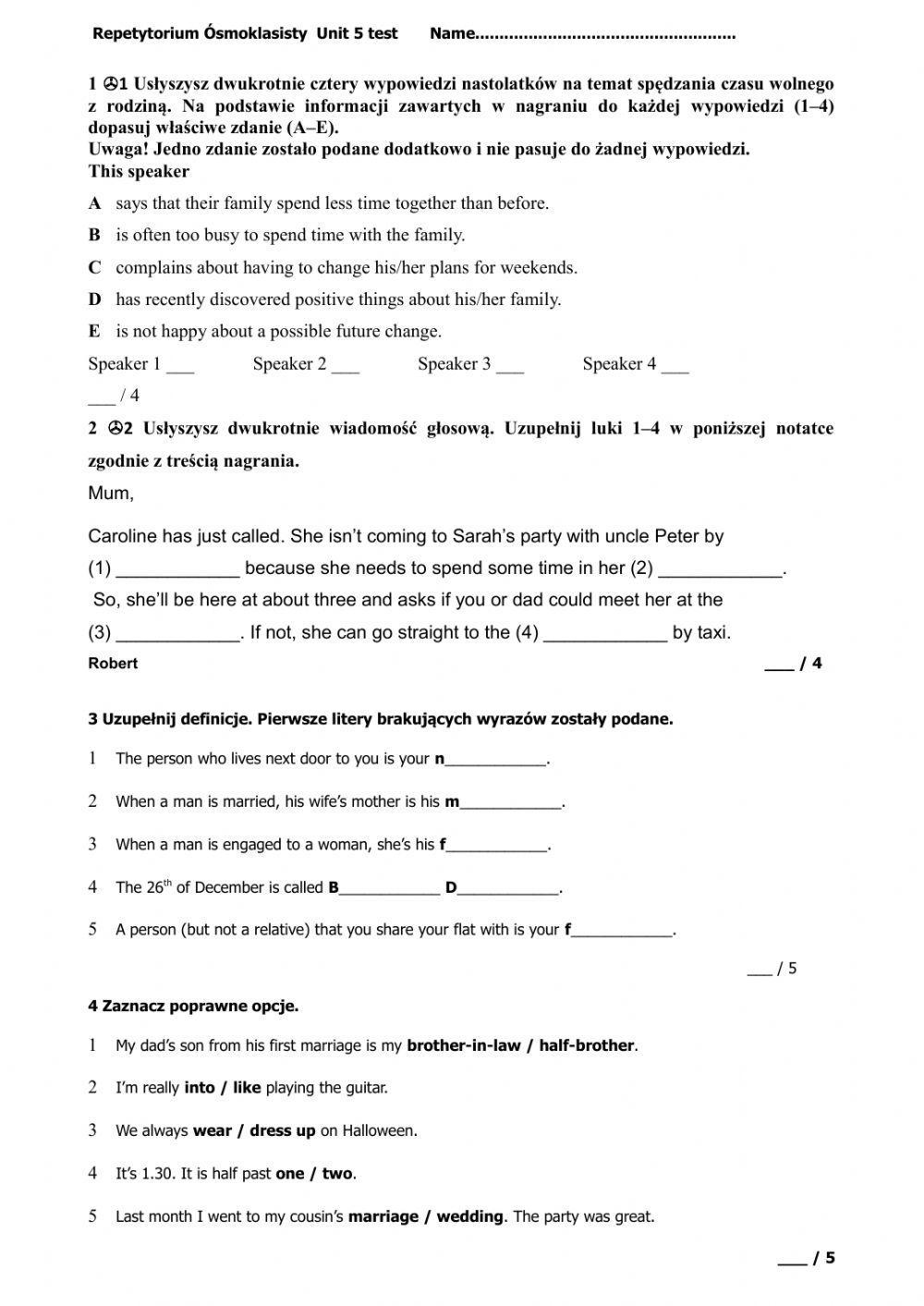 Klasa 8  macmillan unit 5 test Życie prywatne