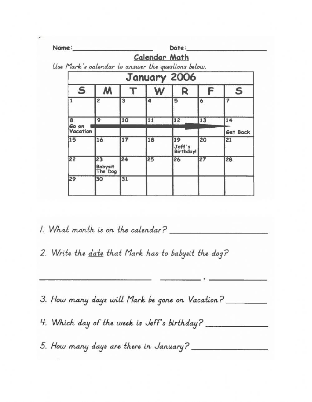 Calendar math 687834 KPTinch Live Worksheets