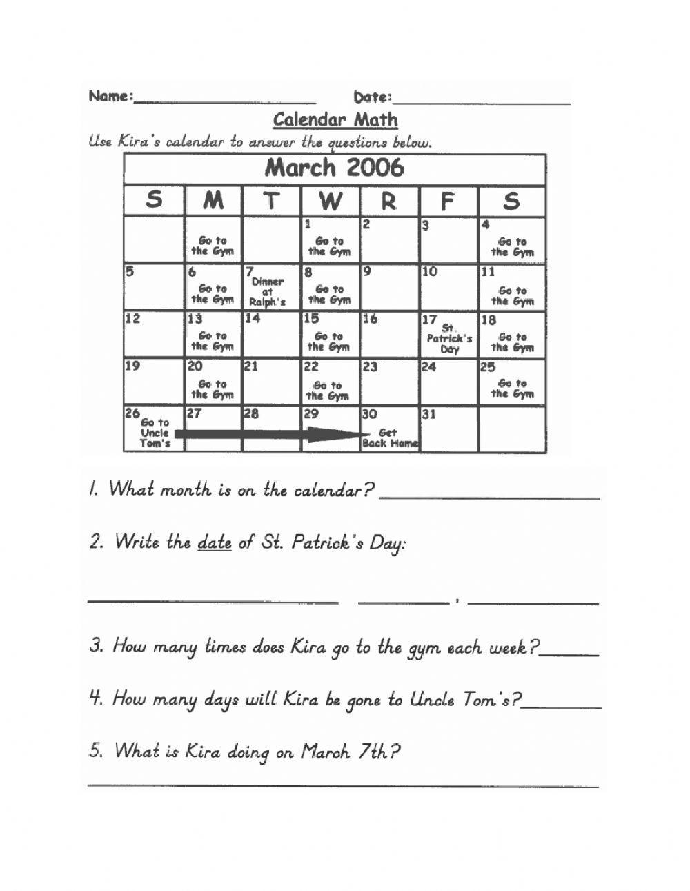 Calendar math 687834 KPTinch Live Worksheets