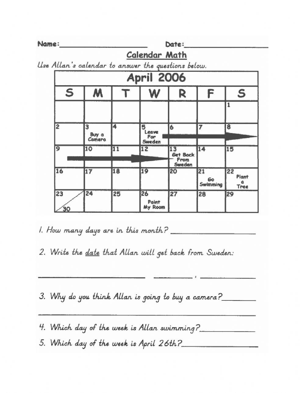 Calendar math 687834 KPTinch Live Worksheets