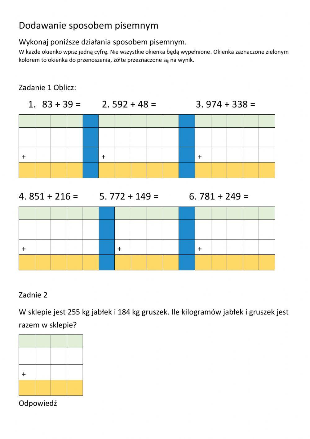 Dodawanie sposobem pisemnym
