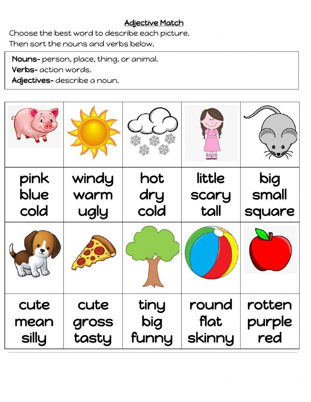Adjectives, Nouns and Verbs review