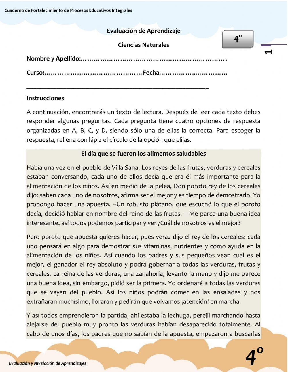 Evaluación Ciencias Naturales 4to PCV