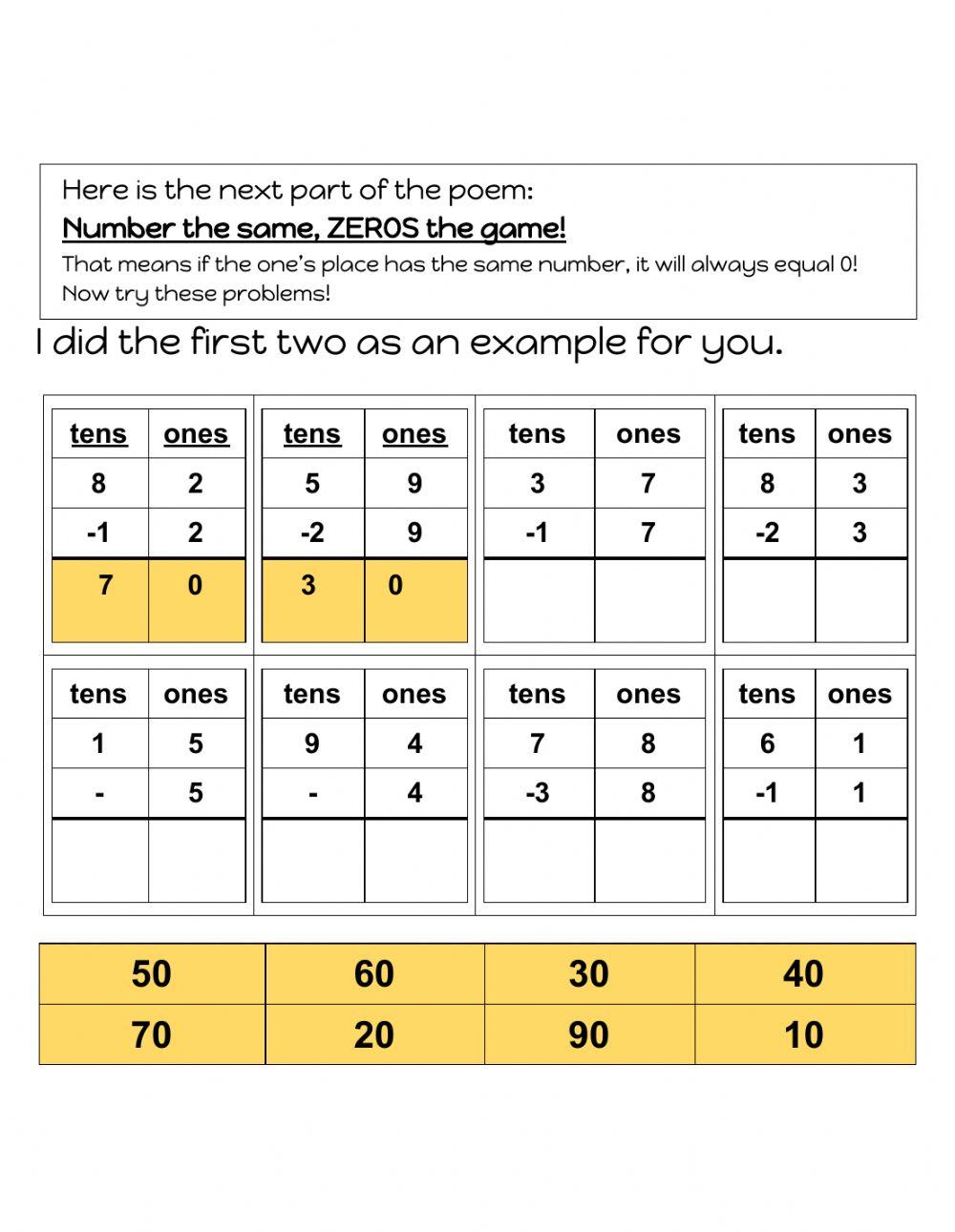Two-Digit Subtraction No regrouping