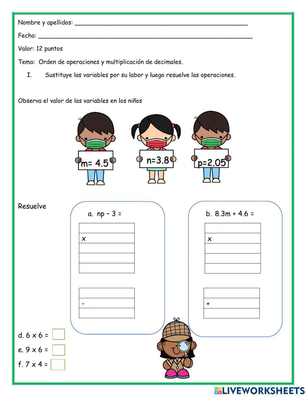 Multiplicación de decimales por decimales y sustitución de variables