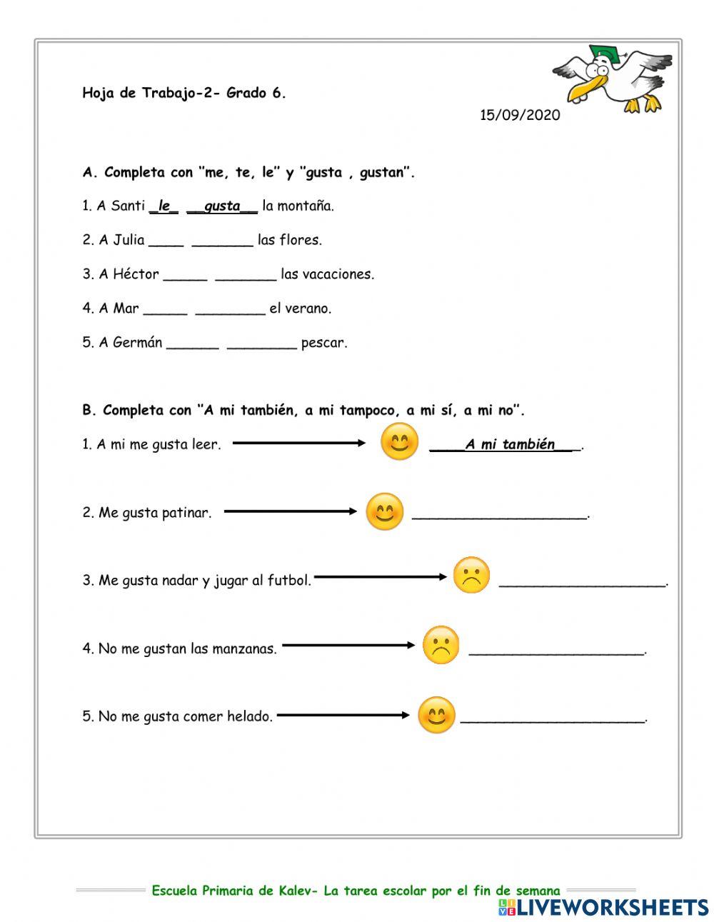 Hoja de trabajo 2 exercise Live Worksheets