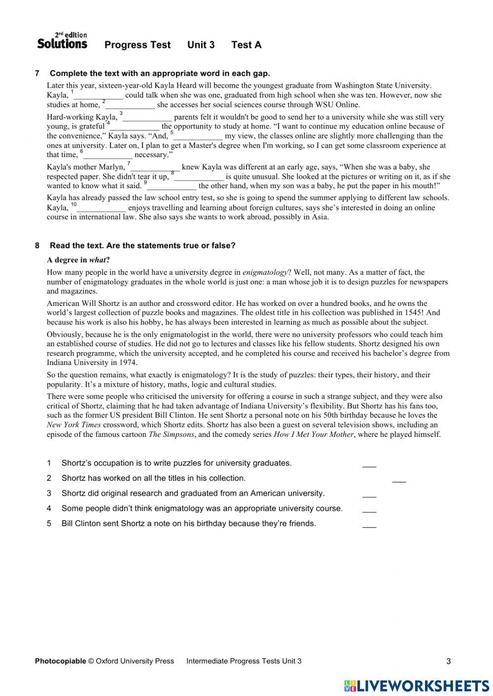 Solutions Intermediate Unit 3 Test