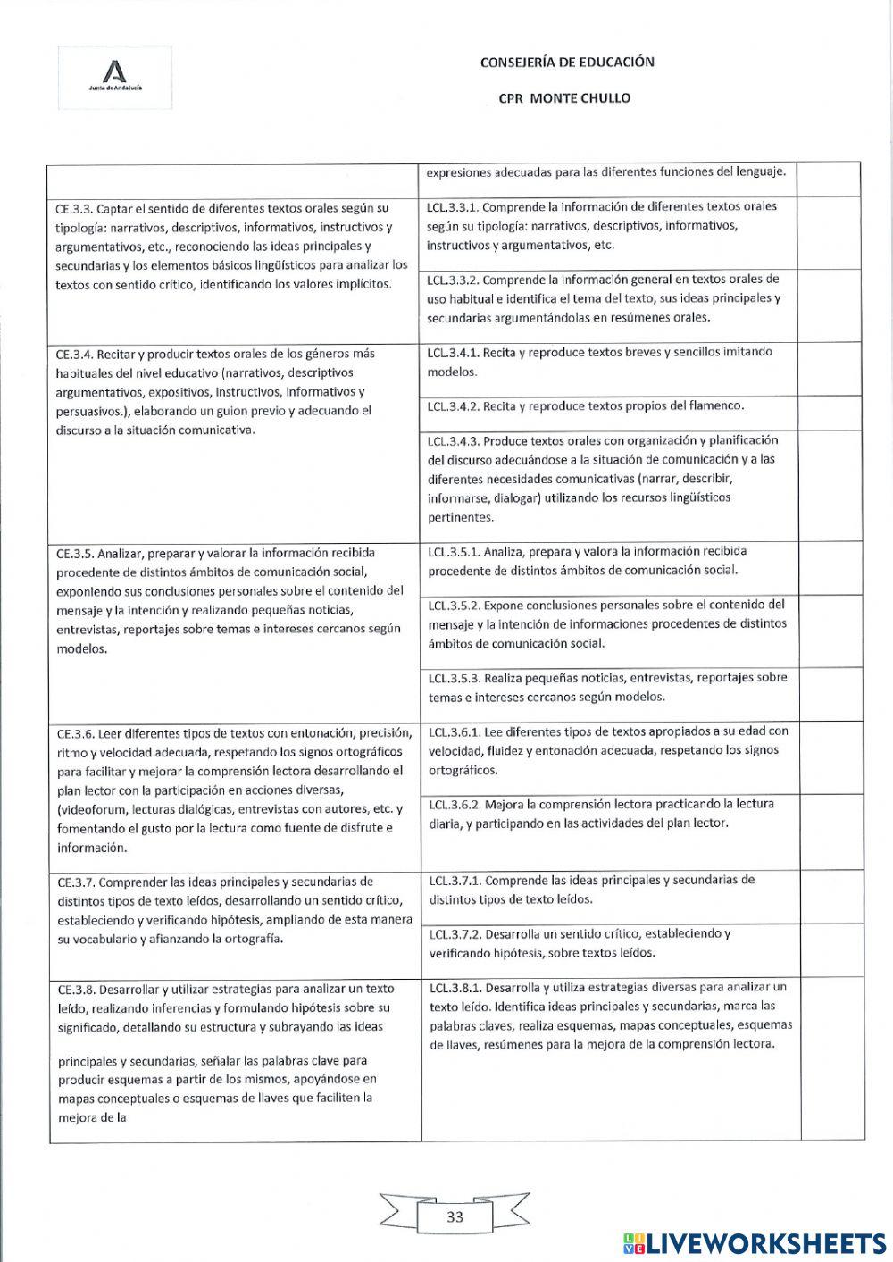 Criterios de evaluación -promoción lengua 3º ciclo.lengua  cpr monte chullo