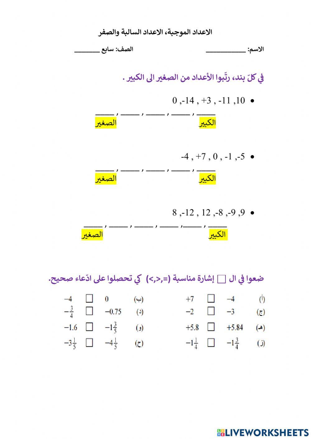 الاعداد الموجبة, السالبة والصفر 