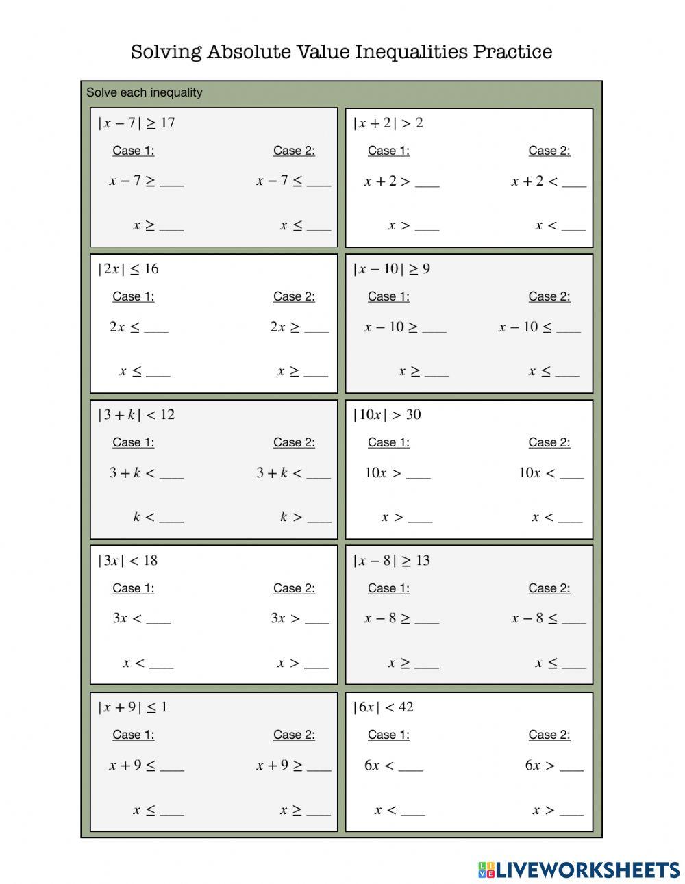 Solving Absolute Value Inequalities Practice