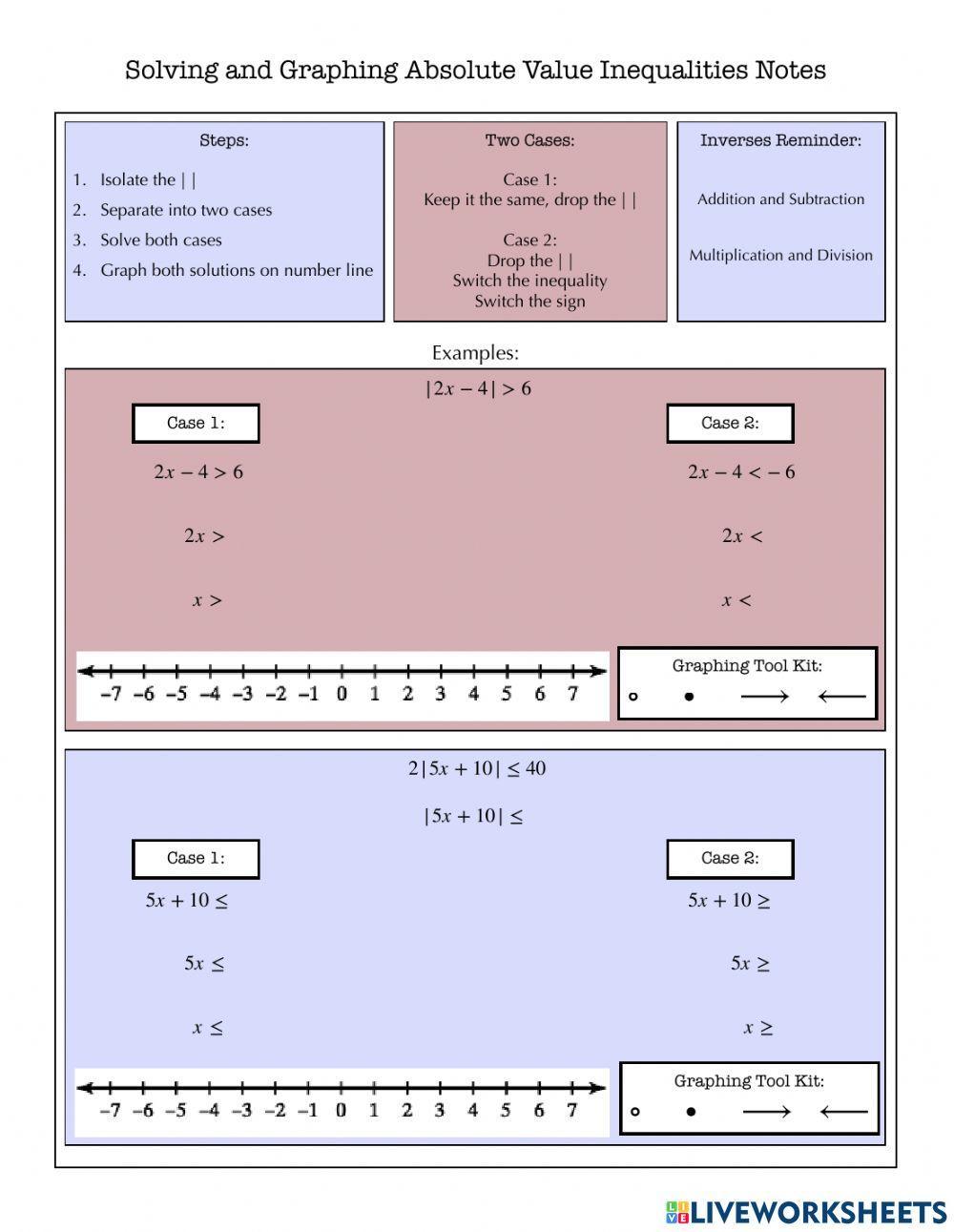 Solving Absolute Value Inequalities Notes worksheet Live Worksheets
