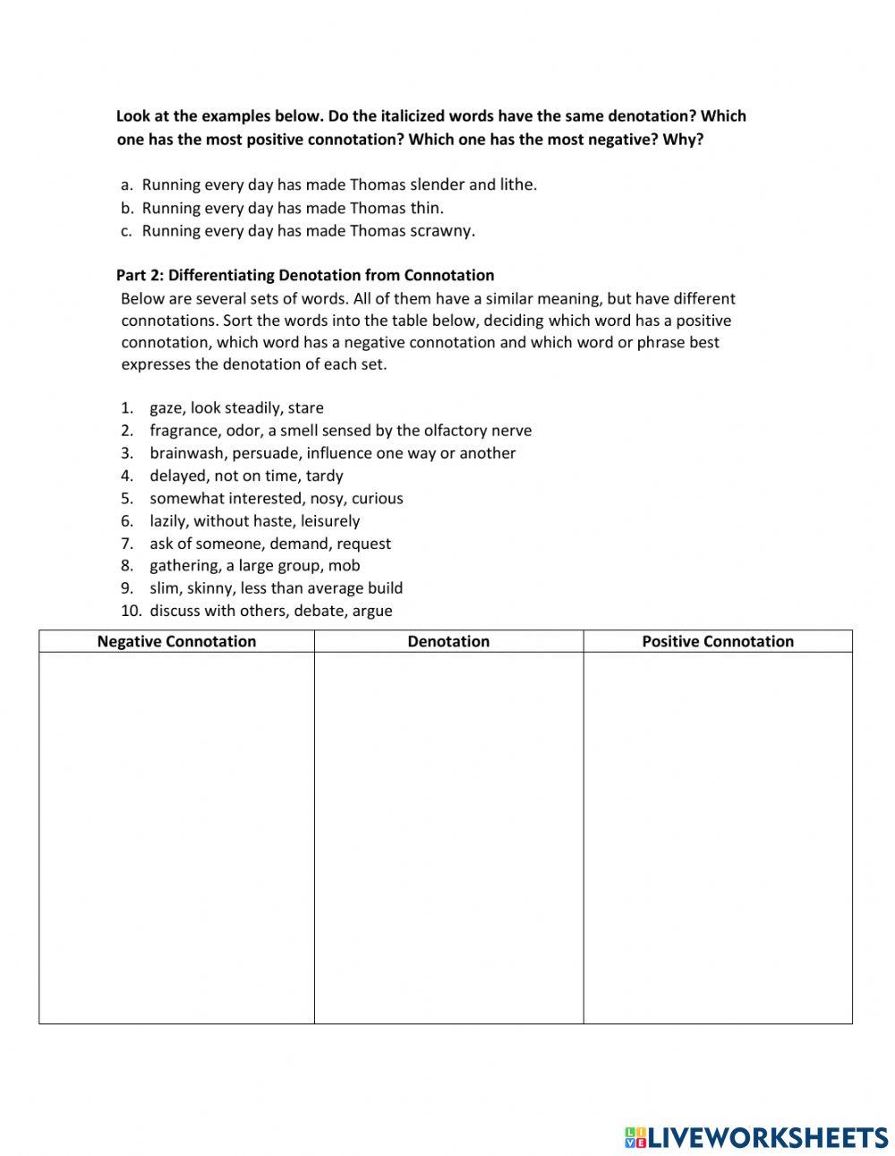 Connotation and denotation practice online exercise for live worksheets