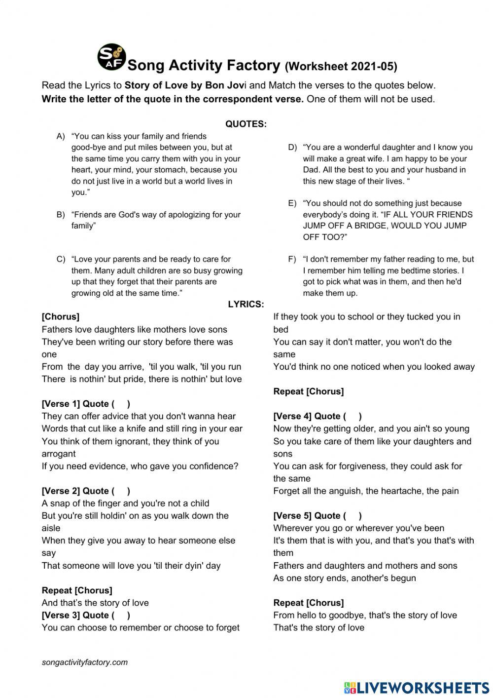 SAF WORKSHEET Story of Love Bon Jovi online exercise for Live