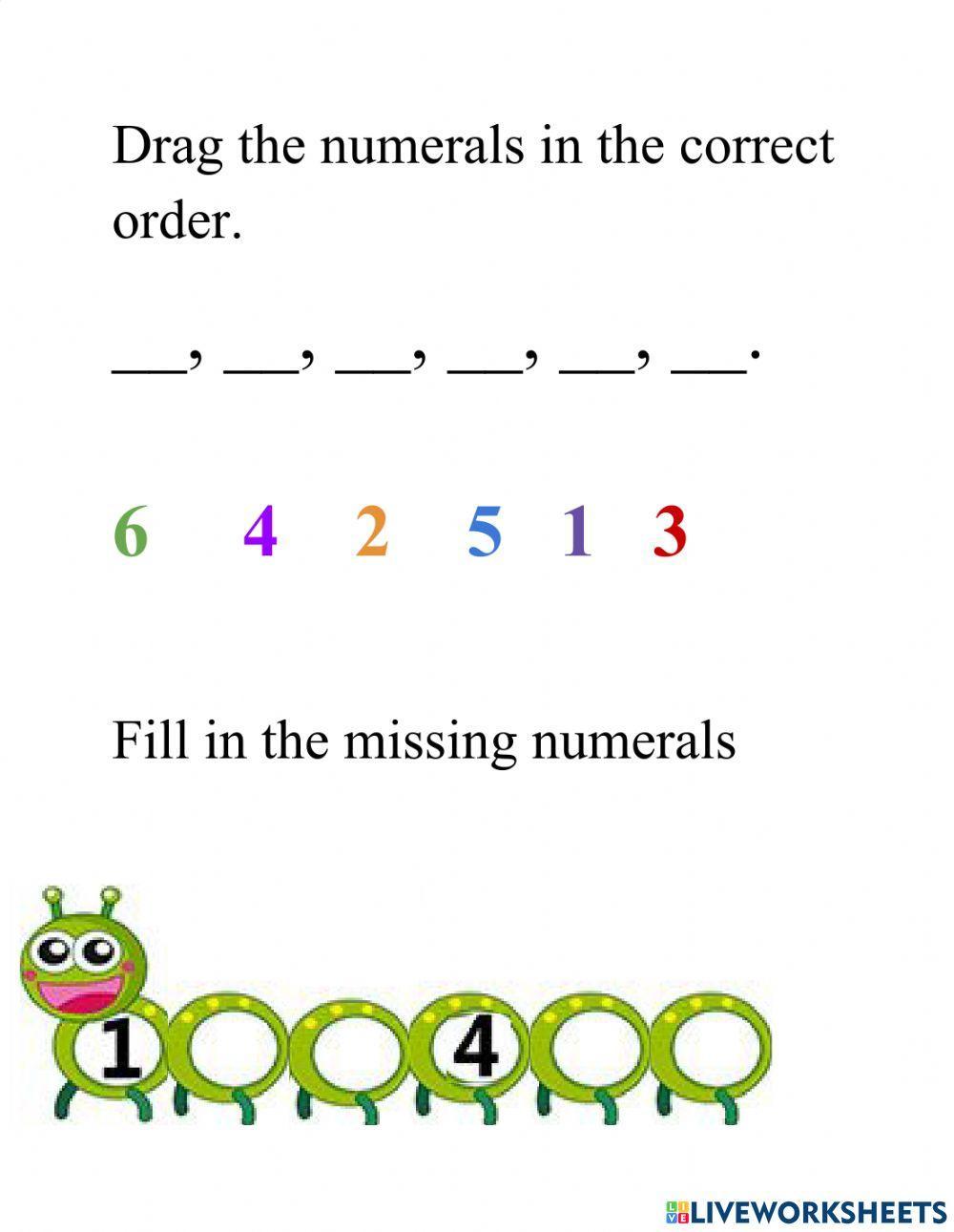 fill in the missing numerals 1 to 6