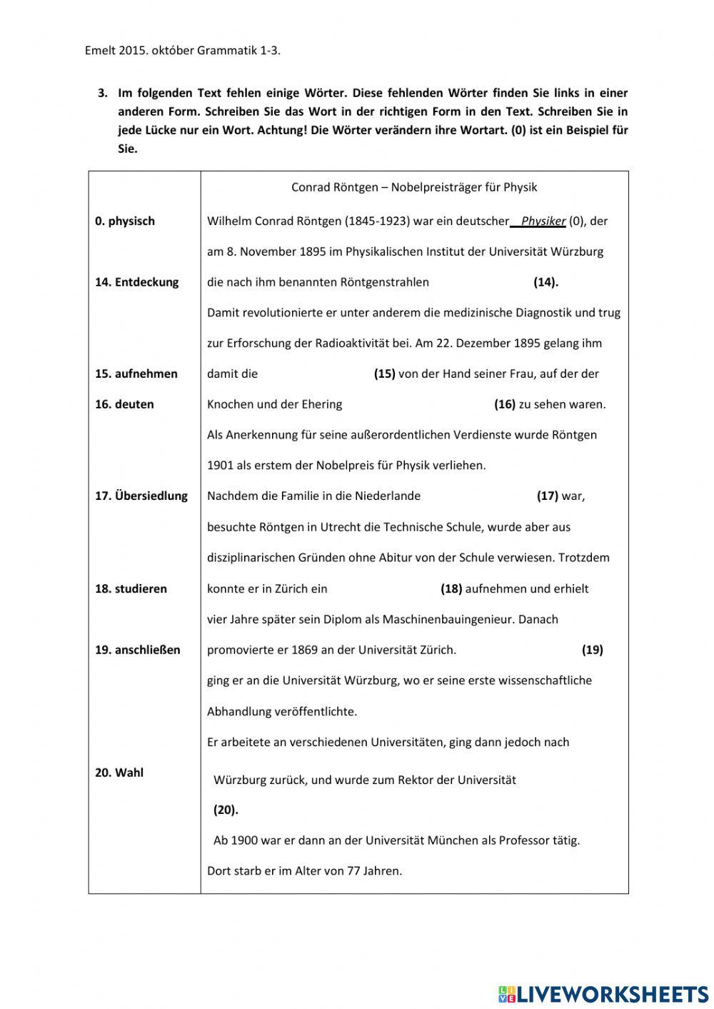 Emelt érettségi 2015. 10. Grammatik