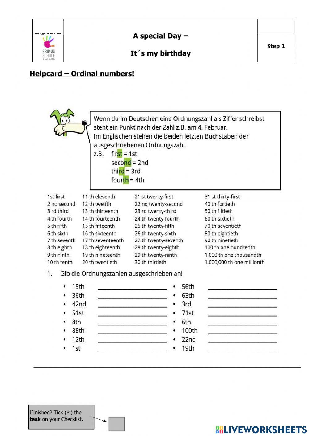 A special day: Helpcard - Ordinal numbers